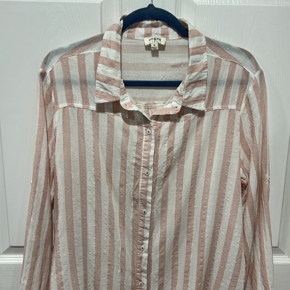 Umgee powder pink and white stripe long sleeve button down lace trim M - Picture 3 of 9